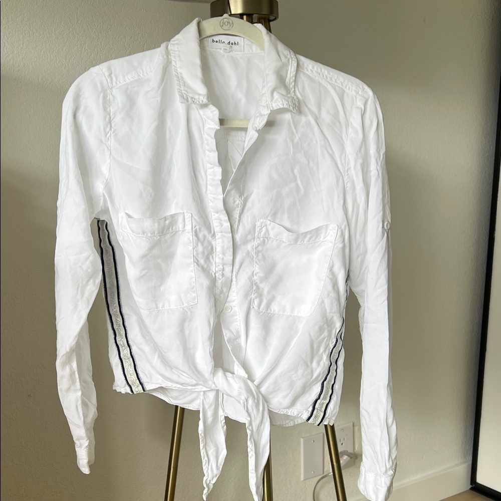 Bella Dahl White Tie-Front Button Down Shirt with Side Stripe Detail